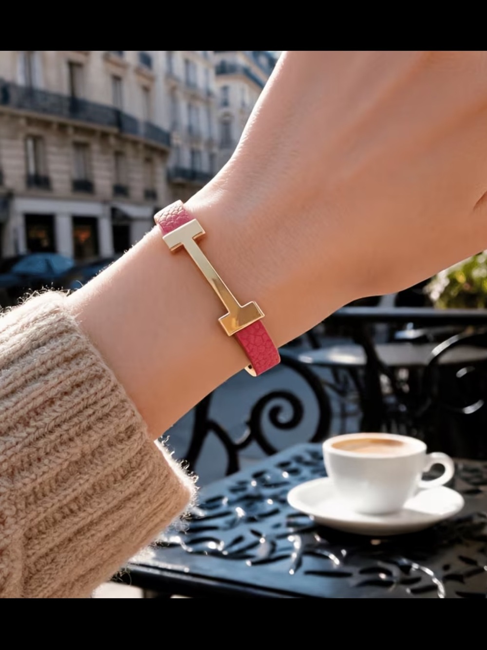 Affordable Fashion Finds Pink Leather Bracelet with Gold T-Bar Accent